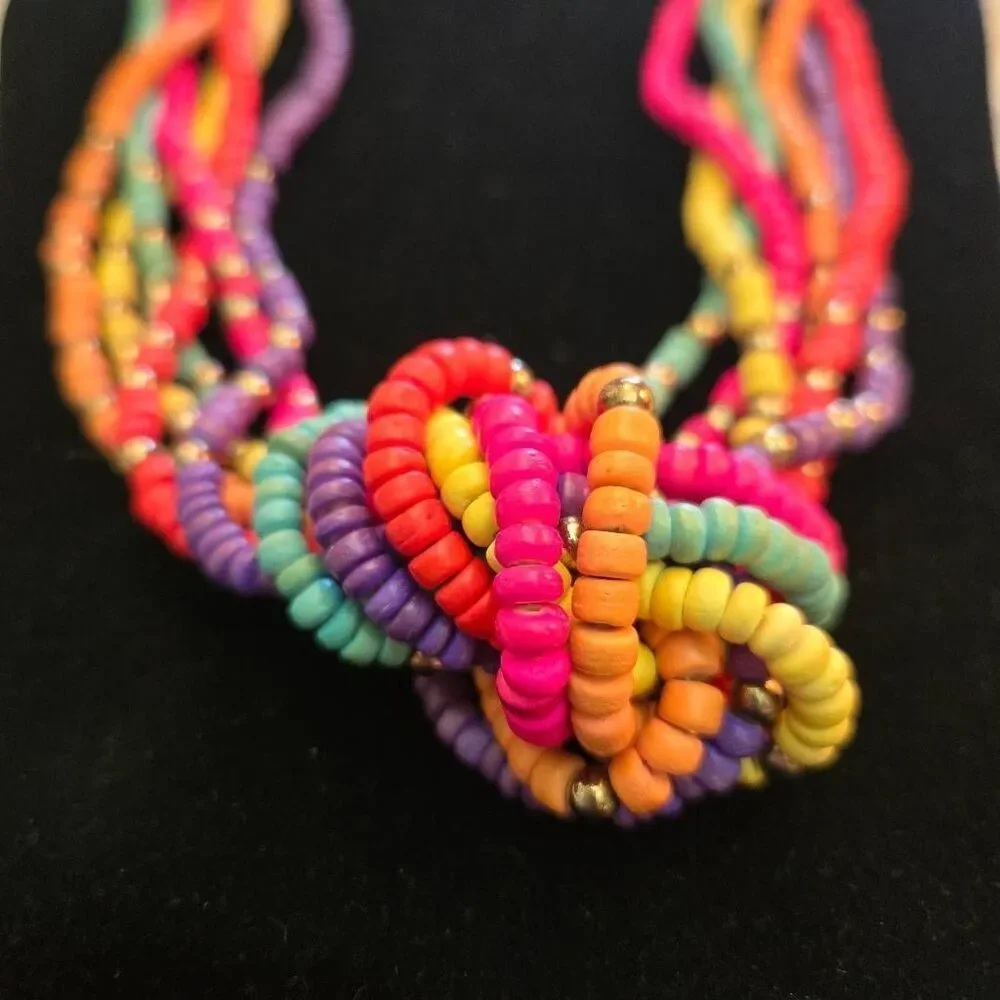 Colorful Wood Bead Multi Strand Necklace